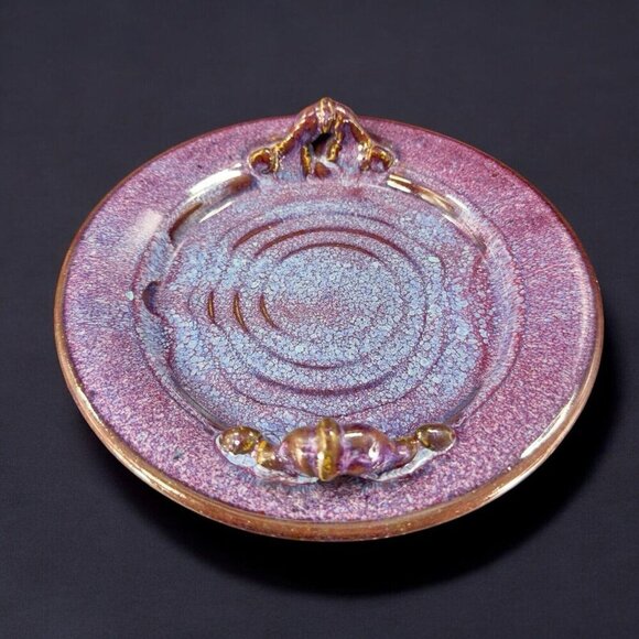 Hand Made Vintage Pottery Dish Tray With Handles Purple Drip Glaze Artist Signed - Picture 2 of 15